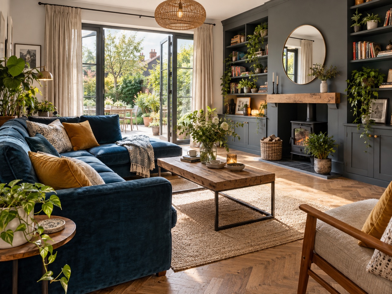 Illustrative living room with a blue sofa, timber flooring and sunlit garden doors